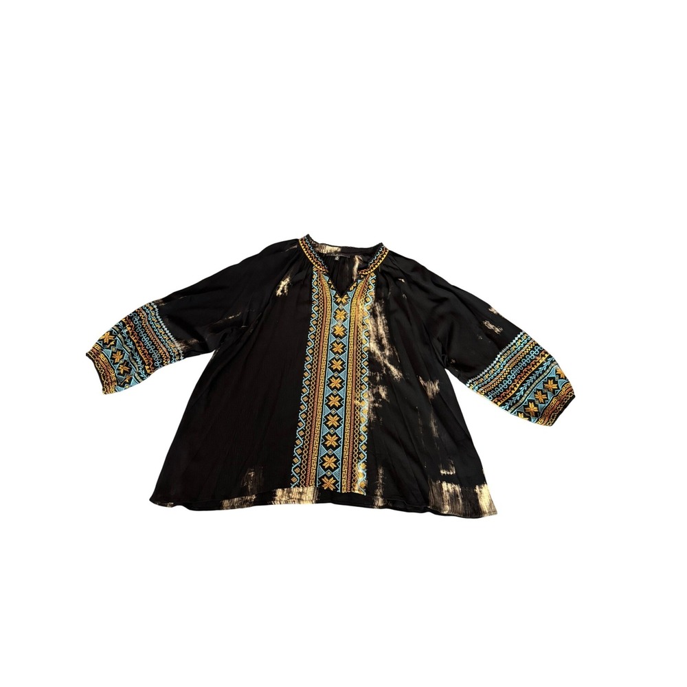 Calessa Womens Black Boho Embroidered Tie‎ Dye Tunic Blouse Top SZ 1X NEW